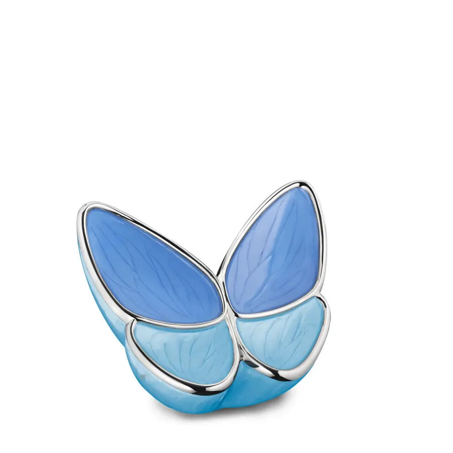 Messing urn - Wings of Hope™ kleine urn tinten blauw met gepolijst zilver - 0,04 liter