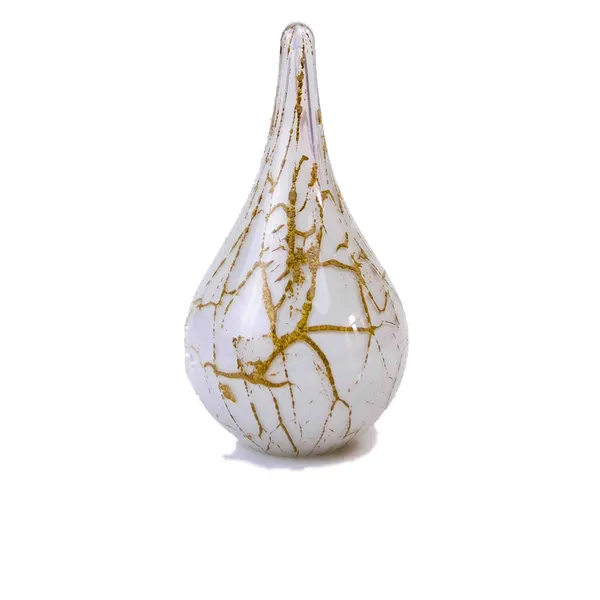 Glazen urn - Druppel wit met bladgoud groot - 0,60 Liter