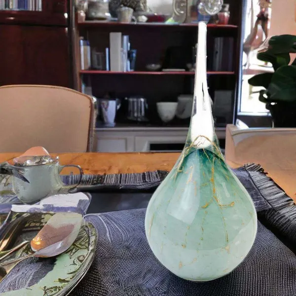 Glazen urn - Druppel groen met bladgoud groot - 1,30 Liter, afbeelding 2