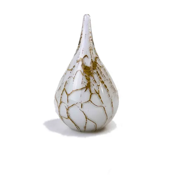 Glazen urn - Druppel wit met bladgoud klein - 0,40 Liter