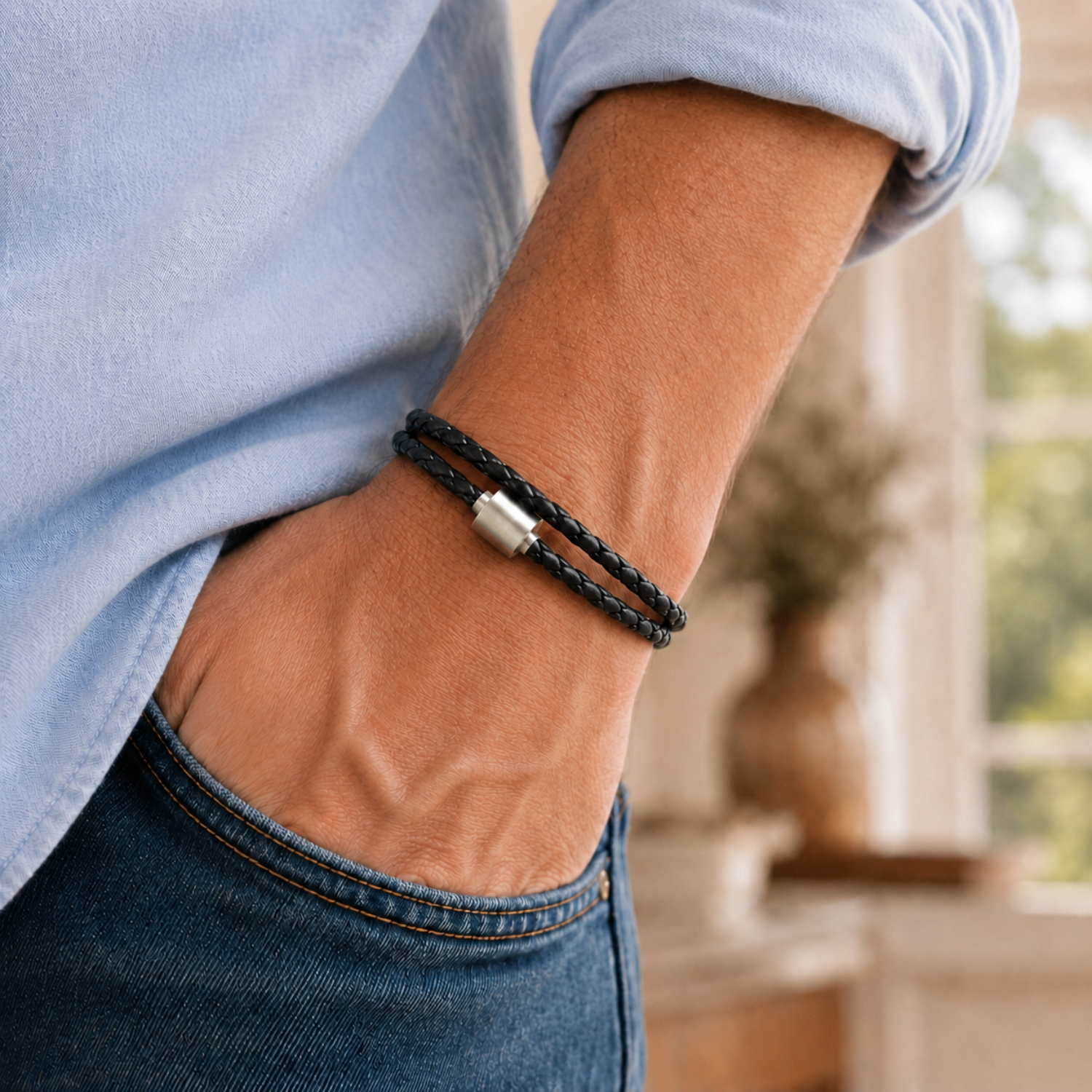 Armband - Zwart Gevlochten Leer - zilver Armband - Zwart Gevlochten Leer - zilver