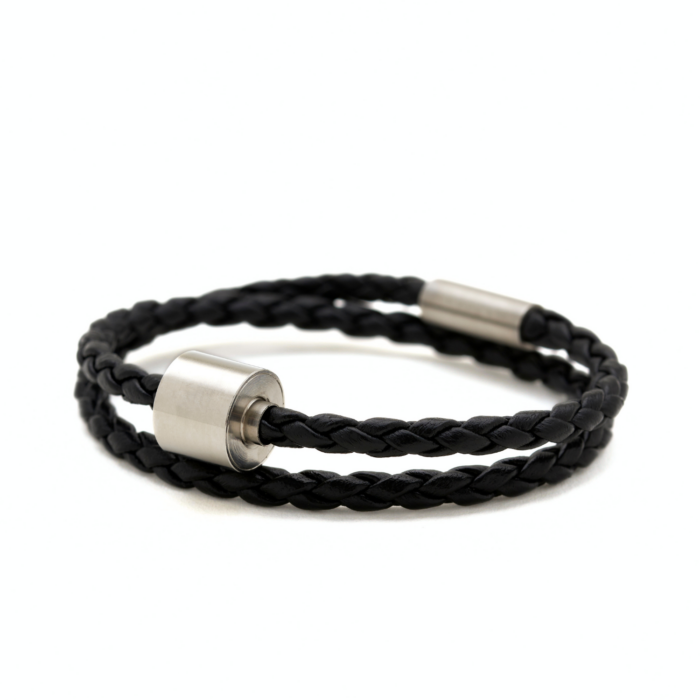 Armband - Zwart Gevlochten Leer - zilver