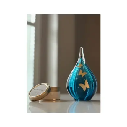 Glazen urn - Frosted druppel small light blue vlinders gold brushed blauw - 0,05 Liter